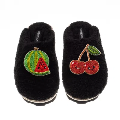 Laines London Women's Teddy Closed Toe Slippers With Laines Lovables Watermelon & Cherry Brooches - Black