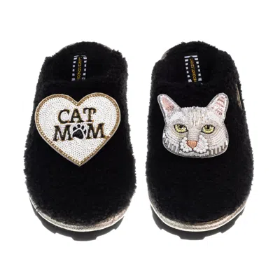 Laines London Women's Teddy Closed Toe Slippers With Lily The White Cat & Cat Mum / Mom Brooches - Black
