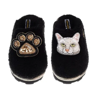 Laines London Women's Teddy Closed Toe Slippers With Lily The White Cat & Paw Brooches - Black