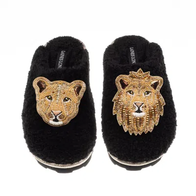 Laines London Women's Teddy Closed Toe Slippers With Lion & Lioness Brooches - Black