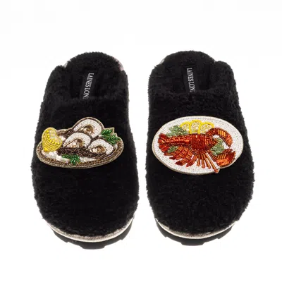 Laines London Women's Teddy Closed Toe Slippers With Lobster Platter & Oyster Brooches - Black