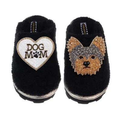 Laines London Women's Teddy Closed Toe Slippers With Minnie The Yorkie & Dog Mum / Mom Brooches - Black