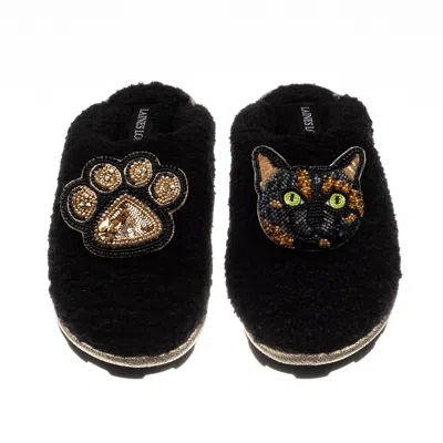 Laines London Women's Teddy Closed Toe Slippers With Misty Cat & Paw Brooches - Black