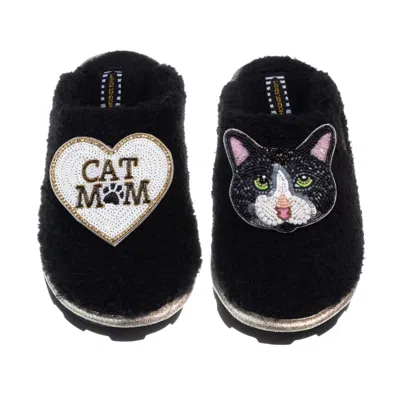 Laines London Women's Teddy Closed Toe Slippers With Oreo Cat & Cat Mum / Mom Brooches - Black