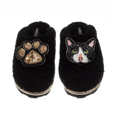 Laines London Women's Teddy Closed Toe Slippers With Oreo Cat & Paw Brooches - Black