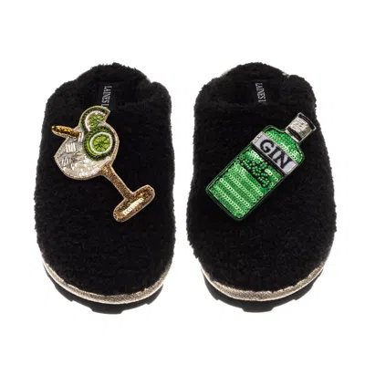 Laines London Women's Teddy Closed Toe Slippers With Original Gin & Glass Brooches - Black