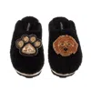 Laines London Women's Teddy Closed Toe Slippers With Paw & Apricot Cockapoo Brooches - Black In Black