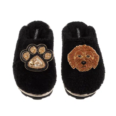 Laines London Women's Teddy Closed Toe Slippers With Paw & Apricot Cockapoo Brooches - Black