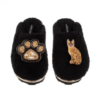 Laines London Women's Teddy Closed Toe Slippers With Paw & Bengal Cat Brooches - Black