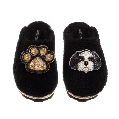 Laines London Women's Teddy Closed Toe Slippers With Paw & Black & White Shih Tzu Brooches - Black