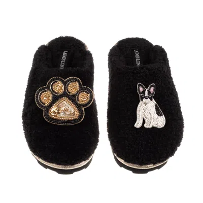 Laines London Women's Teddy Closed Toe Slippers With Paw & Black & White Sitting French Bulldog Brooch - Black
