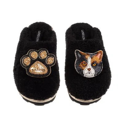 Laines London Women's Teddy Closed Toe Slippers With Paw & Calico British Shorthair Cat Brooches - Black