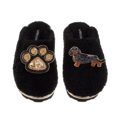 Laines London Women's Teddy Closed Toe Slippers With Paw & Dapple Dachshund Brooches - Black