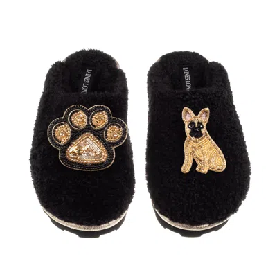 Laines London Women's Teddy Closed Toe Slippers With Paw & Fawn Sitting French Bulldog Brooches - Black