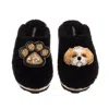Laines London Women's Teddy Closed Toe Slippers With Paw & Gold & White Shih Tzu Brooches - Black In Black