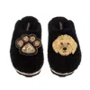 Laines London Women's Teddy Closed Toe Slippers With Paw & Golden Cockapoo Brooches - Black In Black