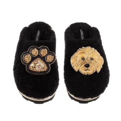 Laines London Women's Teddy Closed Toe Slippers With Paw & Golden Cockapoo Brooches - Black