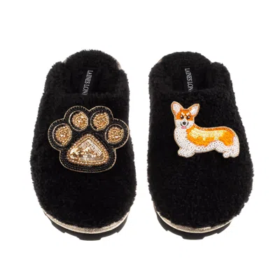 Laines London Women's Teddy Closed Toe Slippers With Paw & Peach The Corgi Brooches - Black