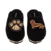 Laines London Women's Teddy Closed Toe Slippers With Paw & Red Dachshund Brooches - Black In Black