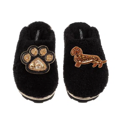 Laines London Women's Teddy Closed Toe Slippers With Paw & Red Dachshund Brooches - Black