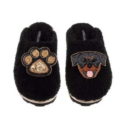 Laines London Women's Teddy Closed Toe Slippers With Paw & Rottweiler Brooches - Black