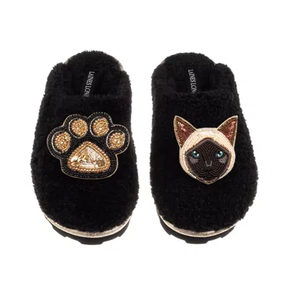 Laines London Women's Teddy Closed Toe Slippers With Paw & Siamese Cat Brooches - Black