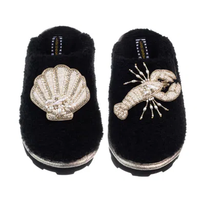 Laines London Women's Teddy Closed Toe Slippers With Pearl Beaded Lobster & Shell Brooches - Black