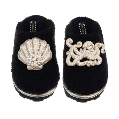Laines London Women's Teddy Closed Toe Slippers With Pearl Beaded Octopus & Shell Brooches - Black In Multi
