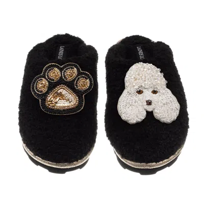 Laines London Women's Teddy Closed Toe Slippers With Pearl The Poodle & Paw Brooches - Black