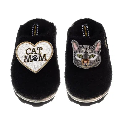 Laines London Women's Teddy Closed Toe Slippers With Pebbles Cat & Cat Mum / Mom Brooches - Black