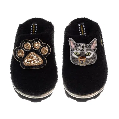 Laines London Women's Teddy Closed Toe Slippers With Pebbles Cat & Paw Brooches - Black