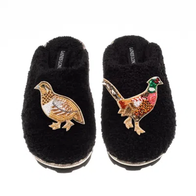 Laines London Women's Teddy Closed Toe Slippers With Pheasant & Hen Brooches - Black