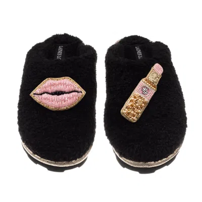 Laines London Women's Teddy Closed Toe Slippers With Pink Lipstick & Lips Brooches - Black