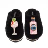 Laines London Women's Teddy Closed Toe Slippers With Pink Rosa & Grapefruit Gin Brooches - Black In Black