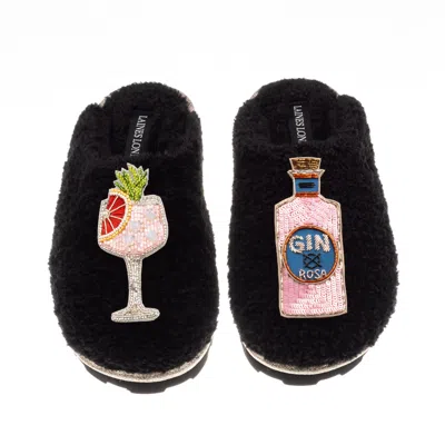 Laines London Women's Teddy Closed Toe Slippers With Pink Rosa & Grapefruit Gin Brooches - Black