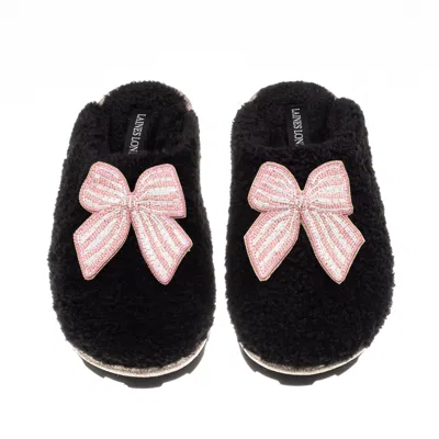 Laines London Women's Teddy Closed Toe Slippers With Pink Stripe Bow Brooches - Black