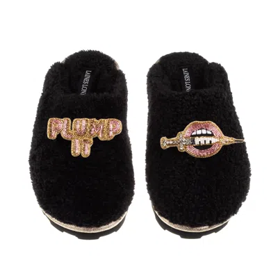 Laines London Women's Teddy Closed Toe Slippers With Plump It Pout Brooches - Black
