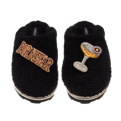 Laines London Women's Teddy Closed Toe Slippers With Pornstar Martini Brooches - Black
