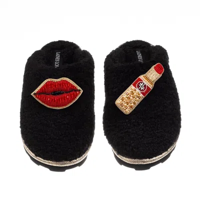 Laines London Women's Teddy Closed Toe Slippers With Red Lipstick & Lips Brooches - Black