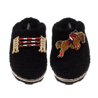 Laines London Women's Teddy Closed Toe Slippers With Show Jump Horse Brooches - Black