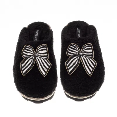 Laines London Women's Teddy Closed Toe Slippers With Stripe Black Bow Brooches - Black