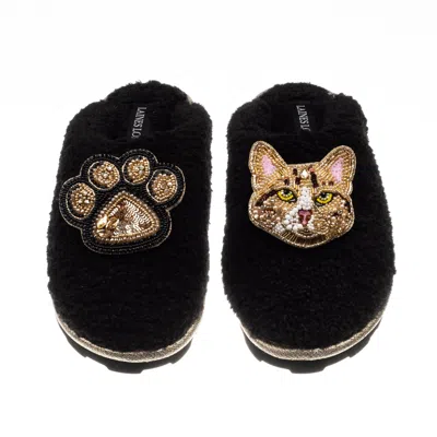 Laines London Women's Teddy Closed Toe Slippers With Tabby Cat & Paw Brooches - Black
