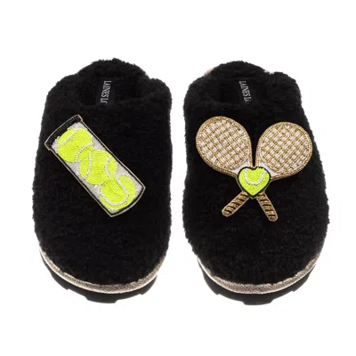 Laines London Women's Teddy Closed Toe Slippers With Tennis Lover Brooches - Black