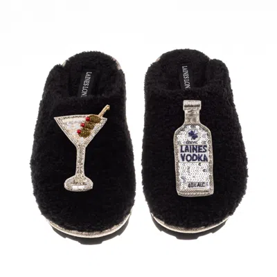 Laines London Women's Teddy Closed Toe Slippers With Vodka Martini Brooches - Black