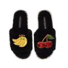 Laines London Women's Teddy Slider Slippers With Laines Loveables Banana & Cherry Brooches - Black In Black