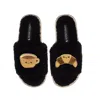 Laines London Women's Teddy Slider Slippers With Laines Loveables Coffee & Croissant Brooches - Black In Black