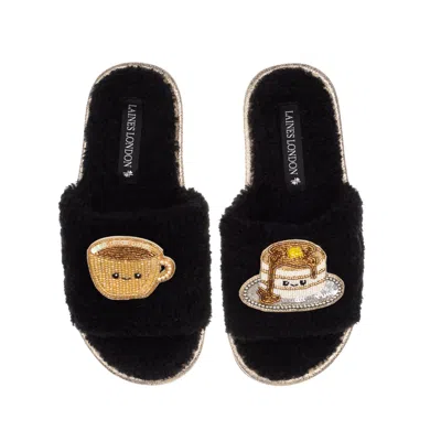 Laines London Women's Teddy Slider Slippers With Laines Loveables Coffee & Pancakes Brooches - Black