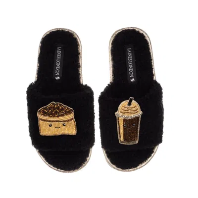 Laines London Women's Teddy Slider Slippers With Laines Loveables Coffee Beans & Frappe Brooches - Black