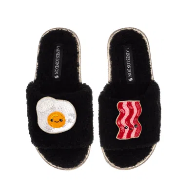 Laines London Women's Teddy Slider Slippers With Laines Loveables Egg & Bacon Brooches - Black