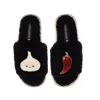 Laines London Women's Teddy Slider Slippers With Laines Loveables Garlic & Chilli Brooches - Black In Black